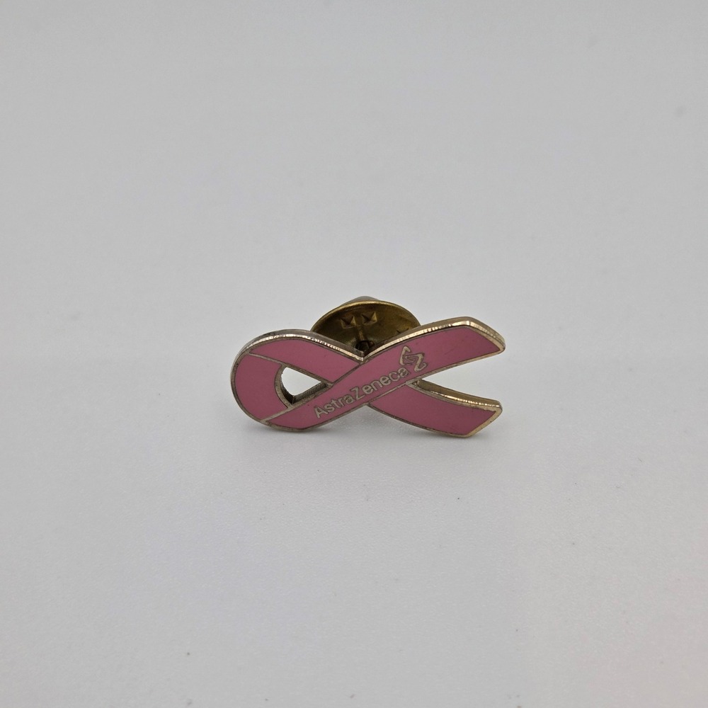 AstraZeneca Pin Breast Cancer Awareness Pink Ribbon Gold Tone Enamel Lapel 1"